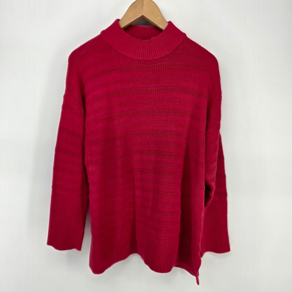 LOFT Sweater Womens Medium Red‎ Mock Neck Textured Stripe Knit Pullover Relaxed